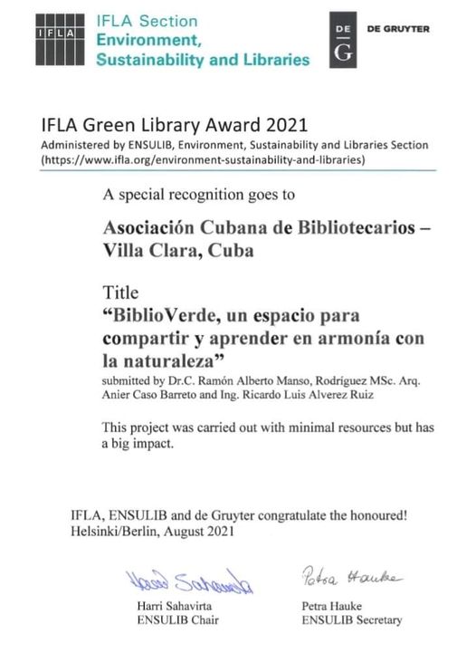 Foto de Filial de la Asociación Cubana de Bibliotecarios (ASCUBI) de Villa Clara recibió un Reconocimiento Especial por su proyecto Biblio verde