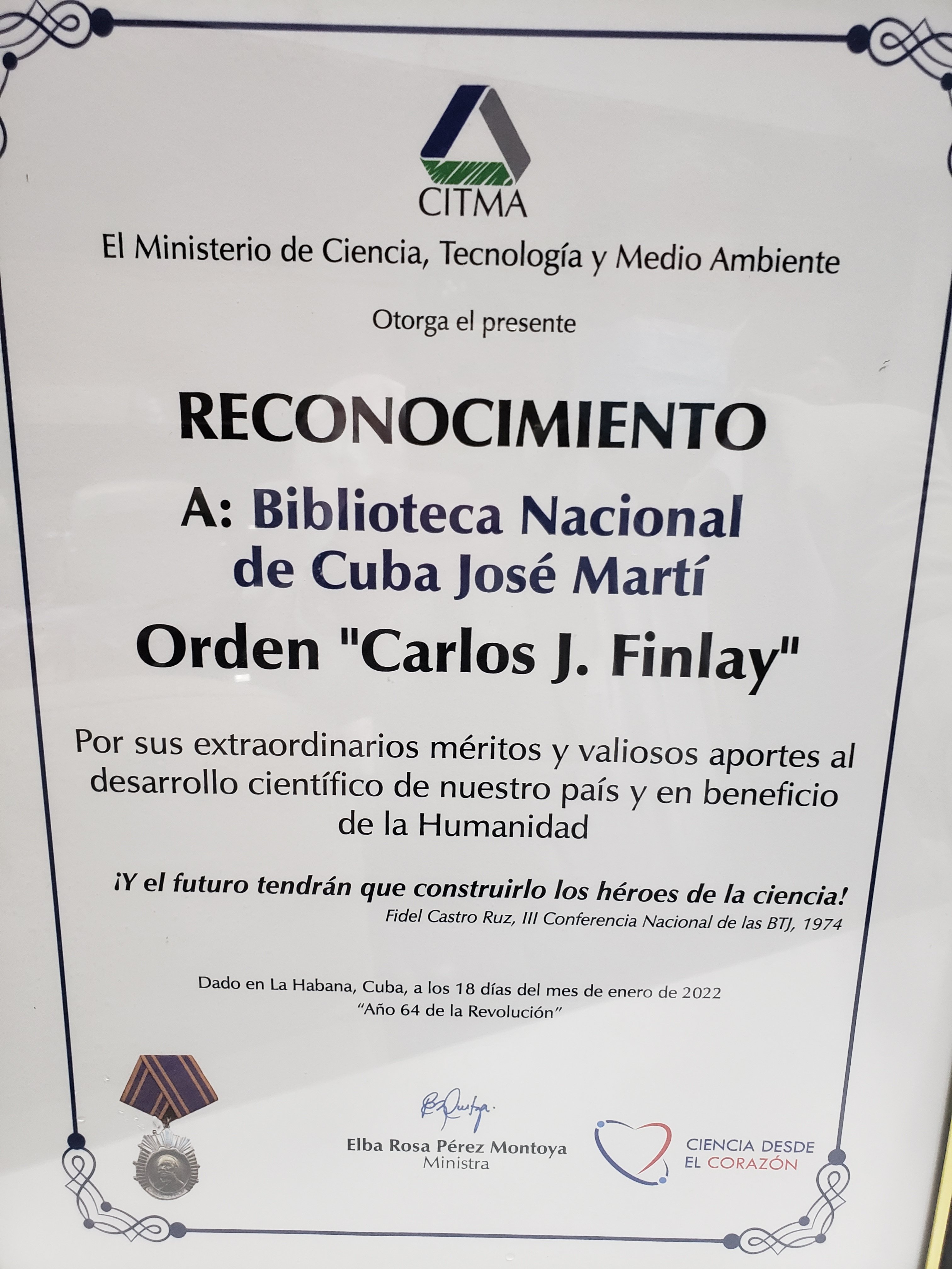 Foto de Recibe la Biblioteca Nacional de Cuba la Orden Carlos J. Finlay Barré 2021