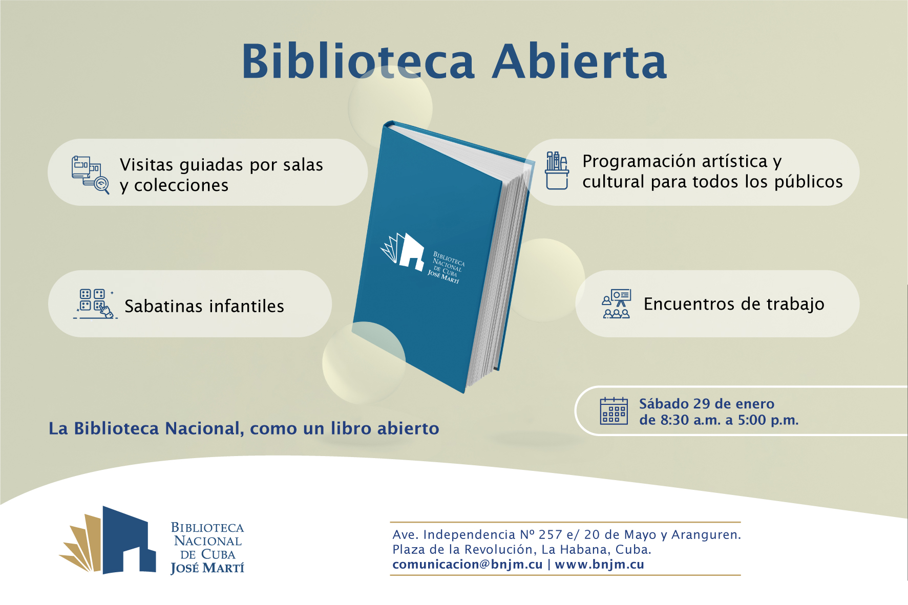 Foto de Biblioteca Abierta. Sábado 29 de enero, de 8:30 a.m. a 5:00 p.m. La Biblioteca Nacional, como un libro abierto